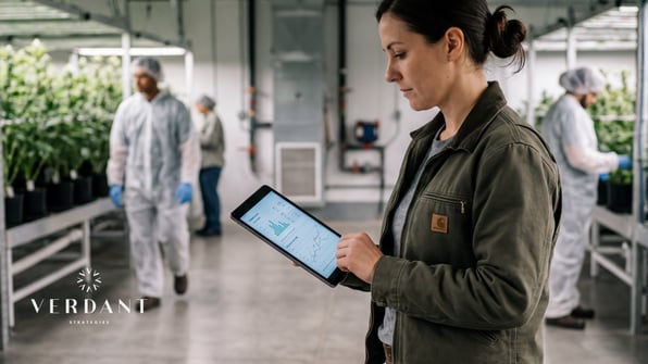 Cannabis operations manager reviewing performance data on a tablet inside a cultivation facility, representing connected reporting, inventory visibility, and data-driven decision-making.