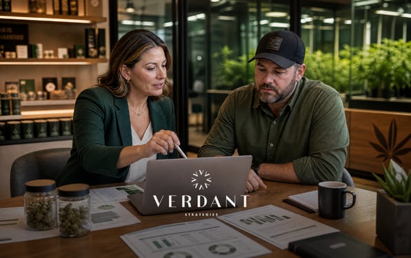 Cannabis business advisor reviewing financial reports with an operator in a dispensary office, representing 280E planning, tax compliance, and multi-market cannabis strategy.