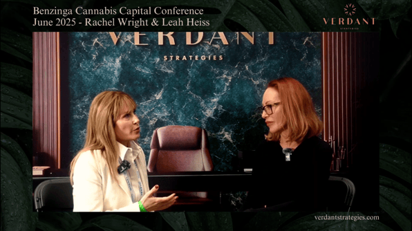 Rachel Wright and Leah Heise sit in conversation at the Benzinga Cannabis Capital Conference in June 2025, with a Verdant Strategies backdrop behind them.
