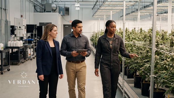 Cannabis business team walking through an indoor cultivation facility while reviewing operational data on a tablet, representing financial discipline, inventory management, and strategic growth.