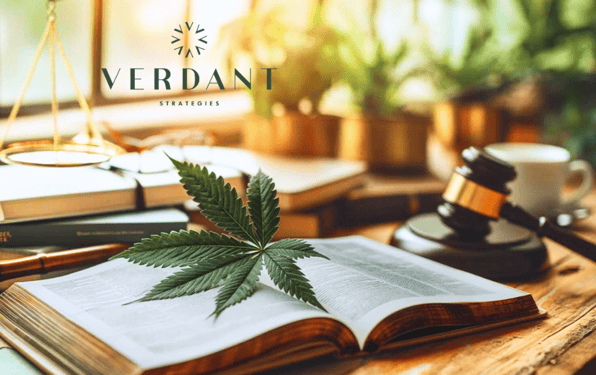 Desk with a book and a cannabis leaf. Verdant logo.
