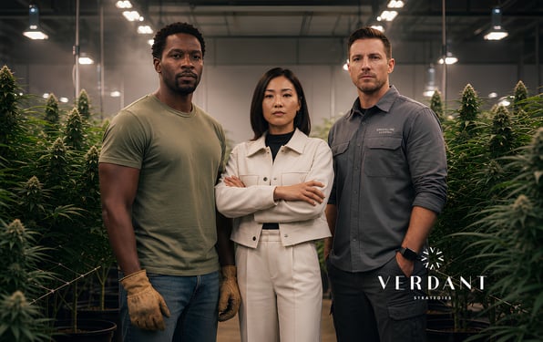 Three cannabis business professionals standing in an indoor cultivation facility, representing the need for financial structure, cash clarity, and operational visibility in cannabis companies