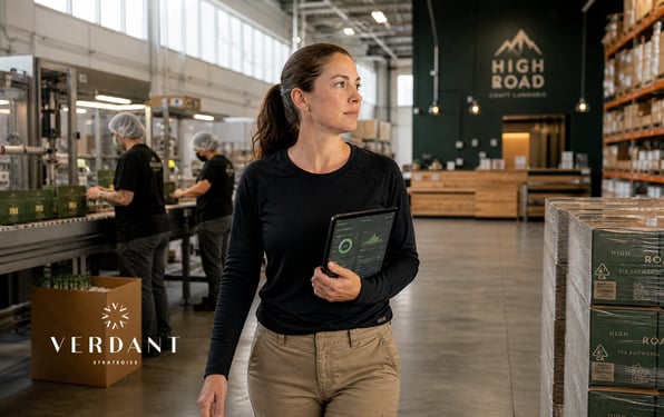 Cannabis operations manager holding a tablet in a production and fulfillment facility, representing post-rescheduling business planning, compliance, and financial strategy.