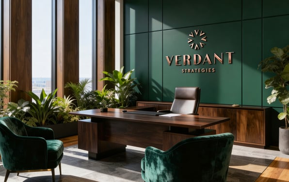 Modern executive office with Verdant Strategies branding, green accent wall, wood furnishings, and indoor plants reflecting a professional cannabis business environment.