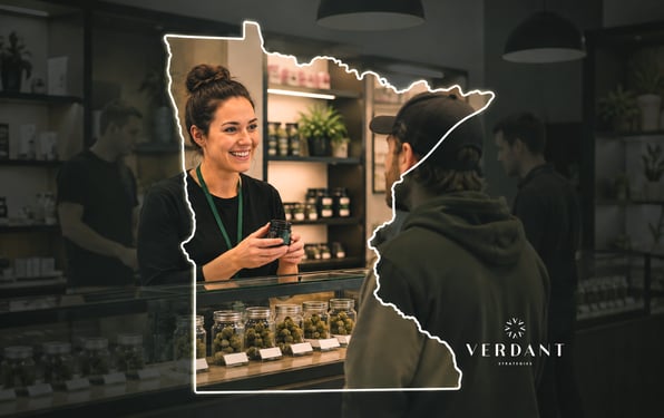 Cannabis dispensary employee assisting a customer at the counter with jars of flower on display, overlaid with the outline of Minnesota to represent the state’s emerging cannabis market.