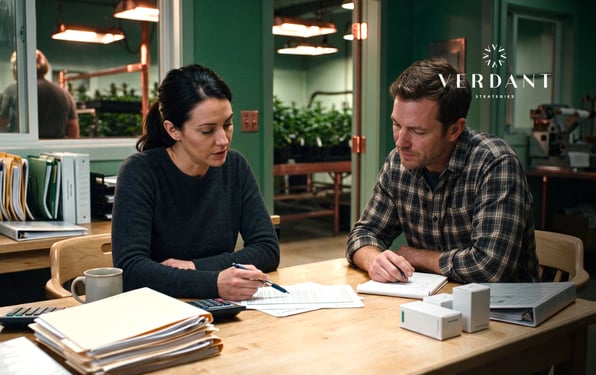 Cannabis business operators reviewing financial documents in an office next to a cultivation area, representing accounting, advisory support, and operational decision-making.
