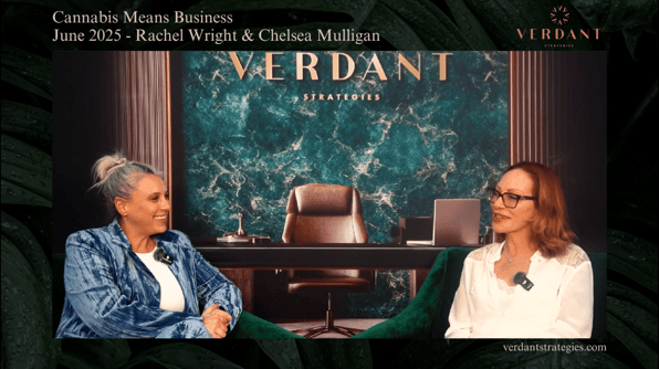 Rachel Wright and Chelsea Mulligan sit across from each other at Cannabis Means Business NYC 2025, speaking in front of a green marble Verdant Strategies backdrop.