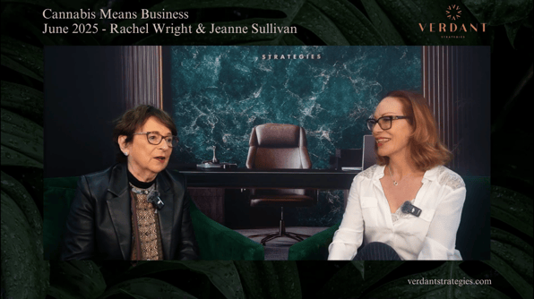 Rachel Wright and Jeanne Sullivan sit across from each other during an interview at Cannabis Means Business NYC 2025, with a green marble Verdant Strategies backdrop behind them.