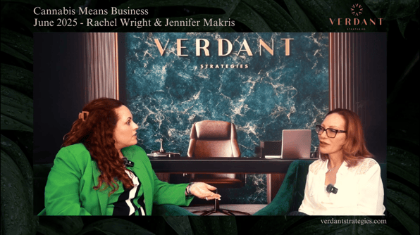 Rachel Wright and Jennifer Makris sit in conversation at Cannabis Means Business NYC 2025, with a green marble Verdant Strategies backdrop behind them.