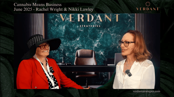 Rachel Wright and Nikki Lawley sit across from each other during an interview at Cannabis Means Business NYC 2025, with a Verdant Strategies green marble backdrop behind them.