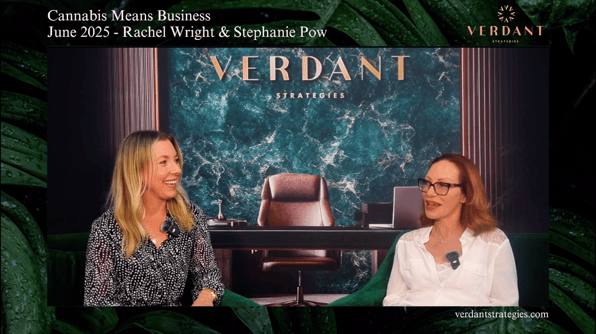 Rachel Wright and Stephanie Pow sit in conversation at the Cannabis Means Business Conference in June 2025, with a green marble Verdant Strategies backdrop behind them.