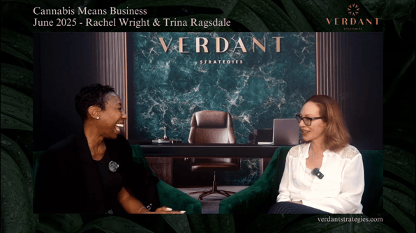 Rachel Wright and Trina Ragsdale sit in conversation at Cannabis Means Business NYC 2025, smiling during an interview with a Verdant Strategies green marble backdrop.