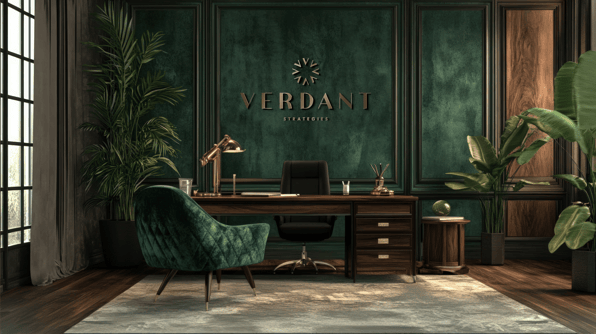 Verdant Strategies office interior with a modern desk, green walls, plants, and the Verdant logo displayed behind the workspace.