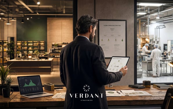 Cannabis executive reviewing operational structure on a tablet between a dispensary and production facility, representing European expansion and multi-jurisdiction business planning.