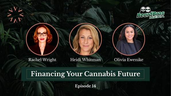 A video still of Rachel Wright interviewing global cannabis leaders Heidi Whitman and Olivia Ewenike on a podcast set. All three are smiling and engaged in conversation, with branded “Financing Your Cannabis Future” graphics in the background.