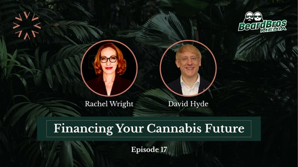 Promotional graphic for Financing Your Cannabis Future Episode 17 featuring host Rachel Wright and guest David Hyde, discussing global cannabis M&A and investment trends.