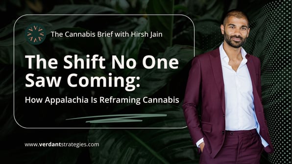 The Cannabis Brief thumbnail featuring Hirsh Jain discussing Virginia cannabis legalization, with Verdant Strategies branding and abstract floral background design.