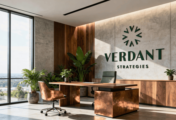 Modern office interior with Verdant Strategies logo on the wall, wooden desk, and plants, representing professional financial advisory and accounting services for cannabis businesses.