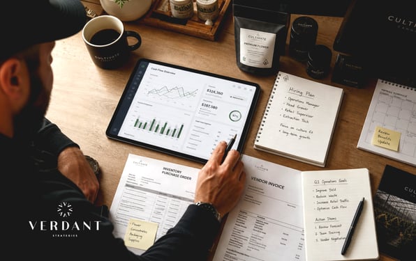 Cannabis operator reviewing financial reports, cash flow data, and hiring plans to make informed business decisions.