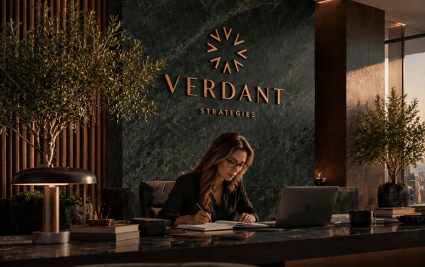 Business professional reviewing financial documents at a laptop in a modern office with Verdant Strategies branding, representing cannabis business structuring and financial planning.