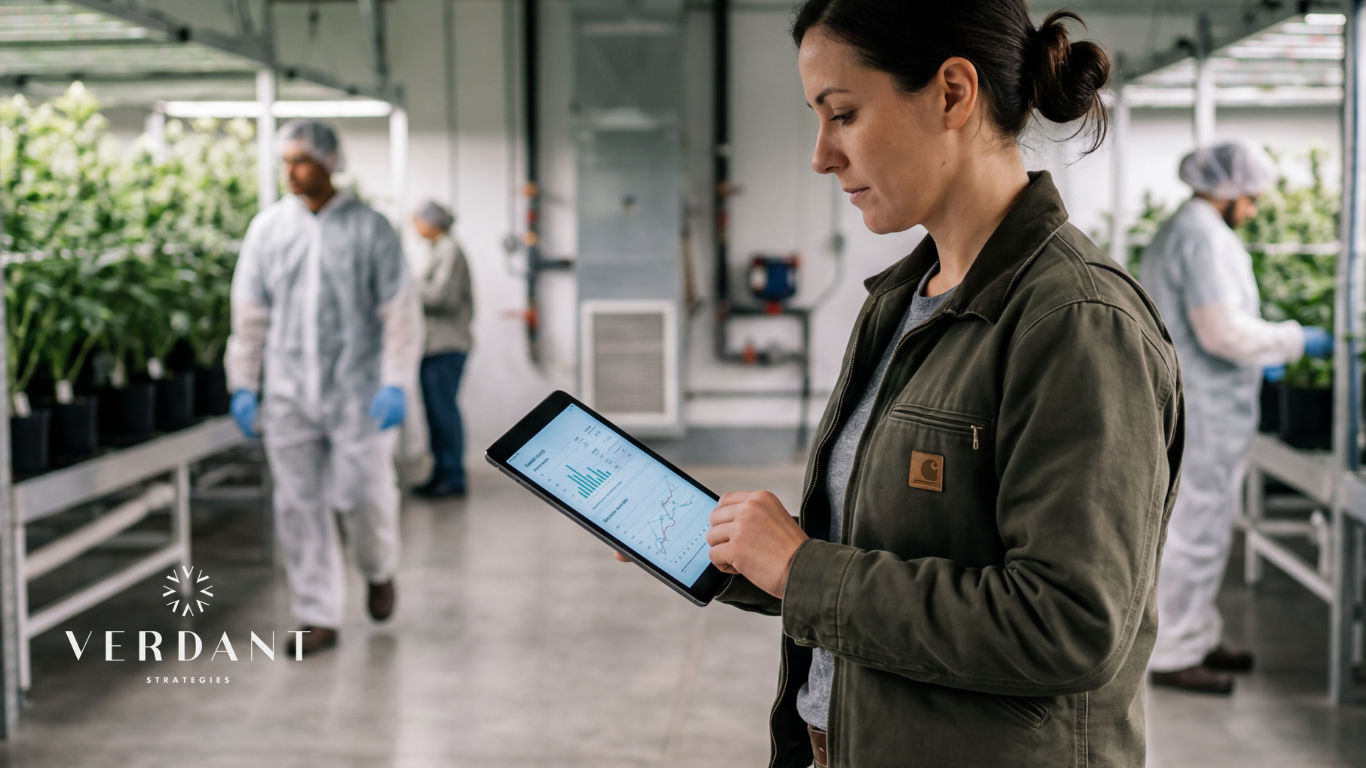 Cannabis operations manager reviewing performance data on a tablet inside a cultivation facility, representing connected reporting, inventory visibility, and data-driven decision-making.