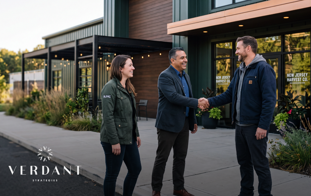Cannabis business professionals meeting outside a New Jersey dispensary, representing industry growth, local partnerships, and increasing market competition.