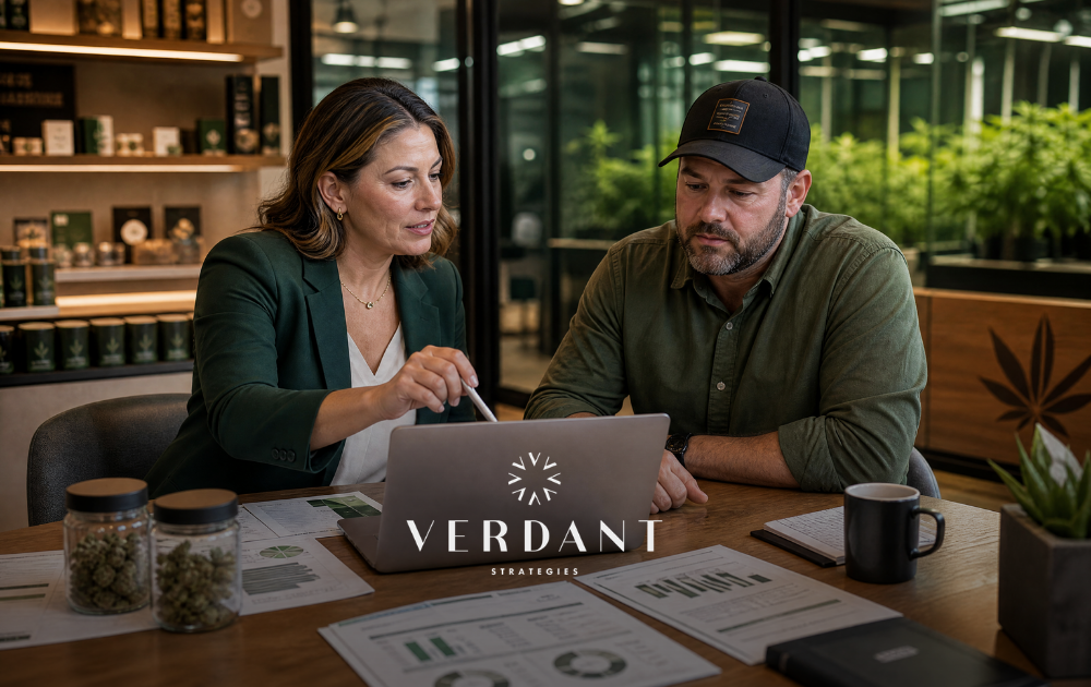 Cannabis business advisor reviewing financial reports with an operator in a dispensary office, representing 280E planning, tax compliance, and multi-market cannabis strategy.