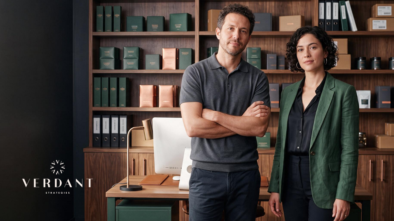 Two cannabis business owners standing in a modern dispensary office, with the Verdant Strategies logo on the left.