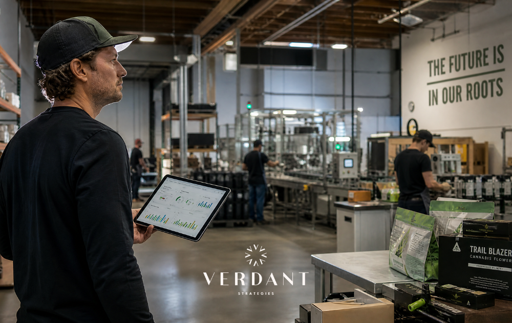 Cannabis business operator reviewing performance data on a tablet inside a production and fulfillment facility, representing data-driven decisions, inventory management, and financial visibility.