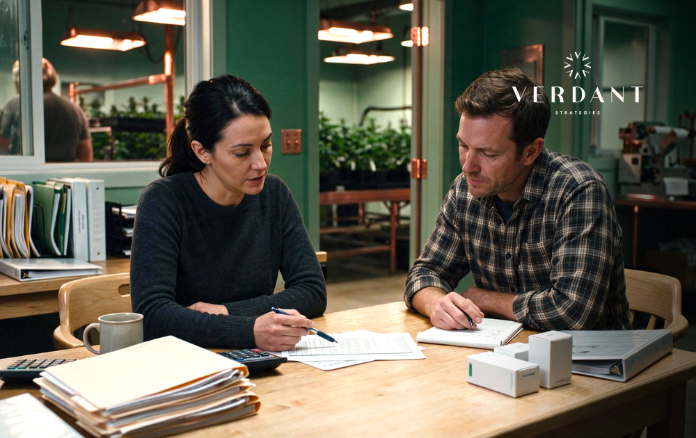 Cannabis business operators reviewing financial documents in an office next to a cultivation area, representing accounting, advisory support, and operational decision-making.