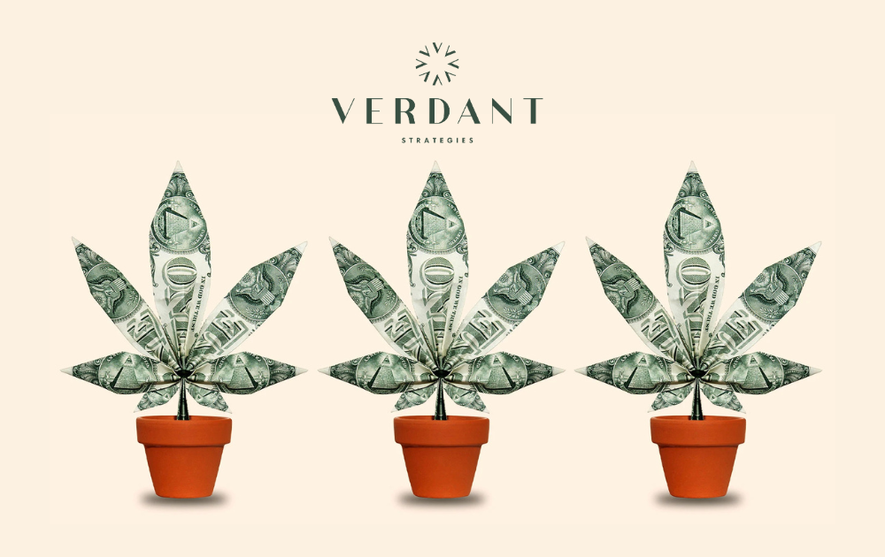 Three potted cannabis leaves made from folded dollar bills, symbolizing financial growth and cash flow in the cannabis industry. Verdant Strategies logo appears above.