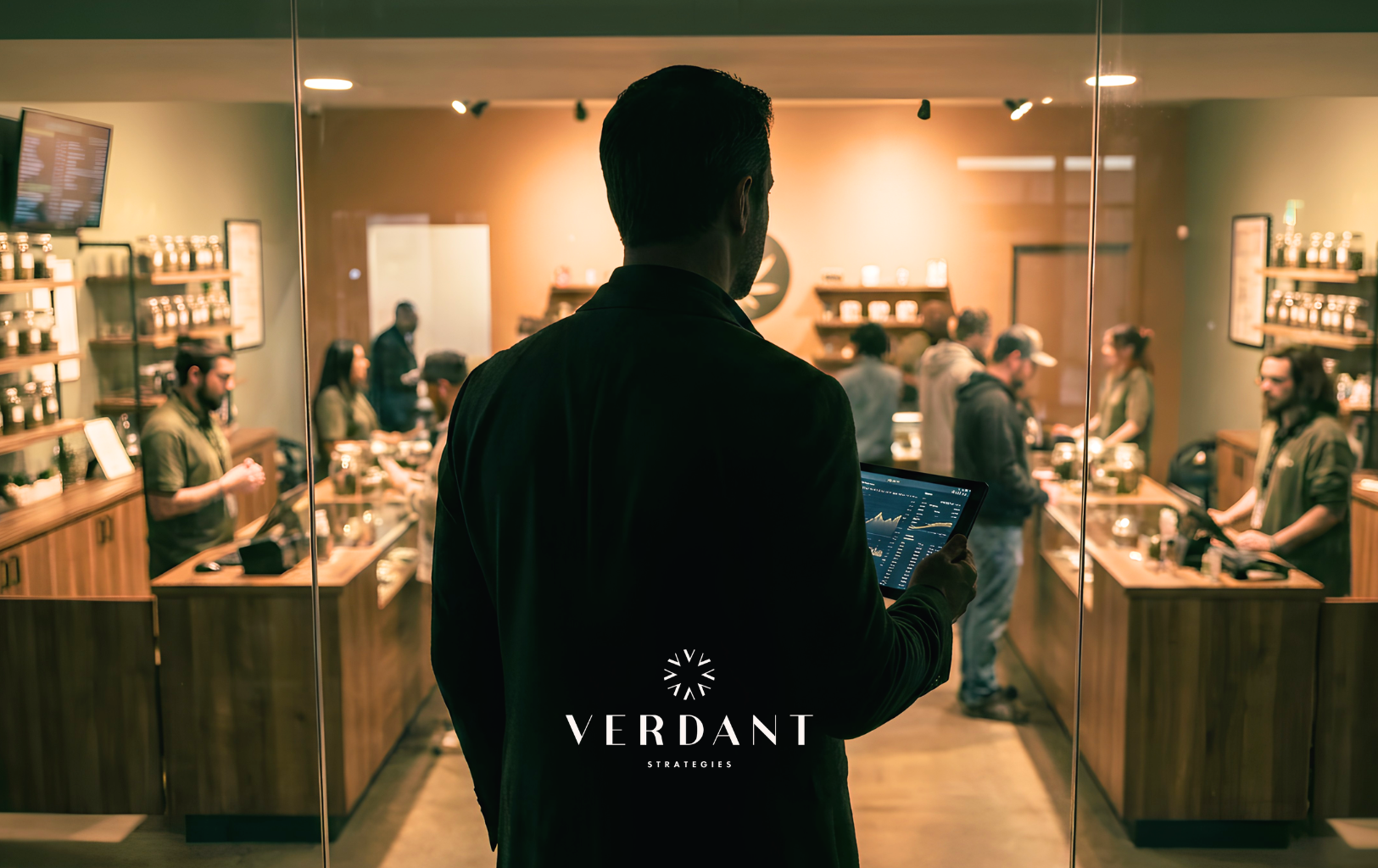 Cannabis business professional reviewing financial data on a tablet while overlooking a dispensary floor, representing valuation, cash flow, and investor analysis in cannabis businesses