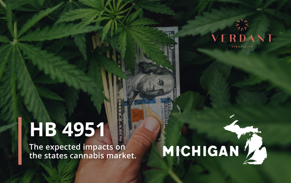 Hand holding cash among cannabis plants, with text highlighting Michigan bill HB 4951 and its potential cannabis market impacts. Verdant Strategies logo appears in the top right.