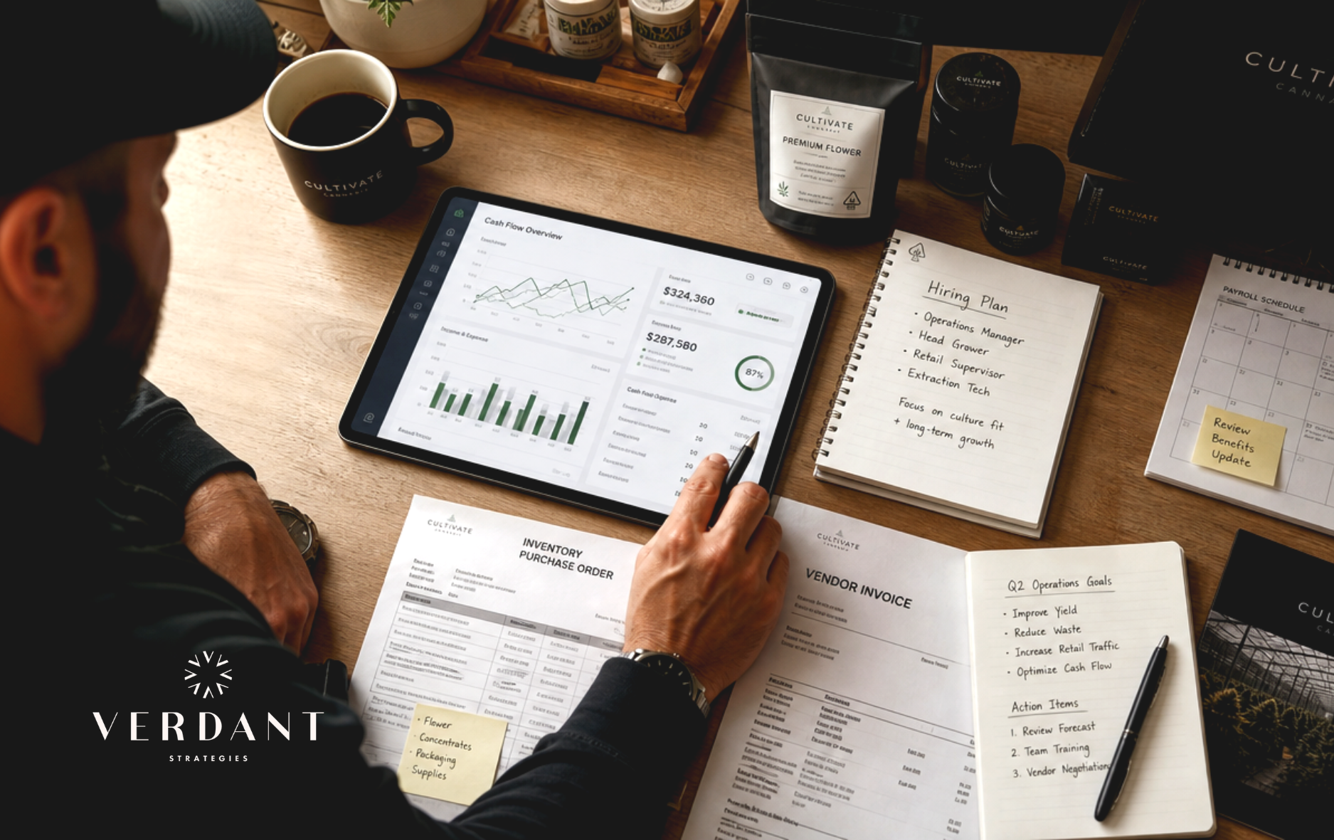 Cannabis operator reviewing financial reports, cash flow data, and hiring plans to make informed business decisions.