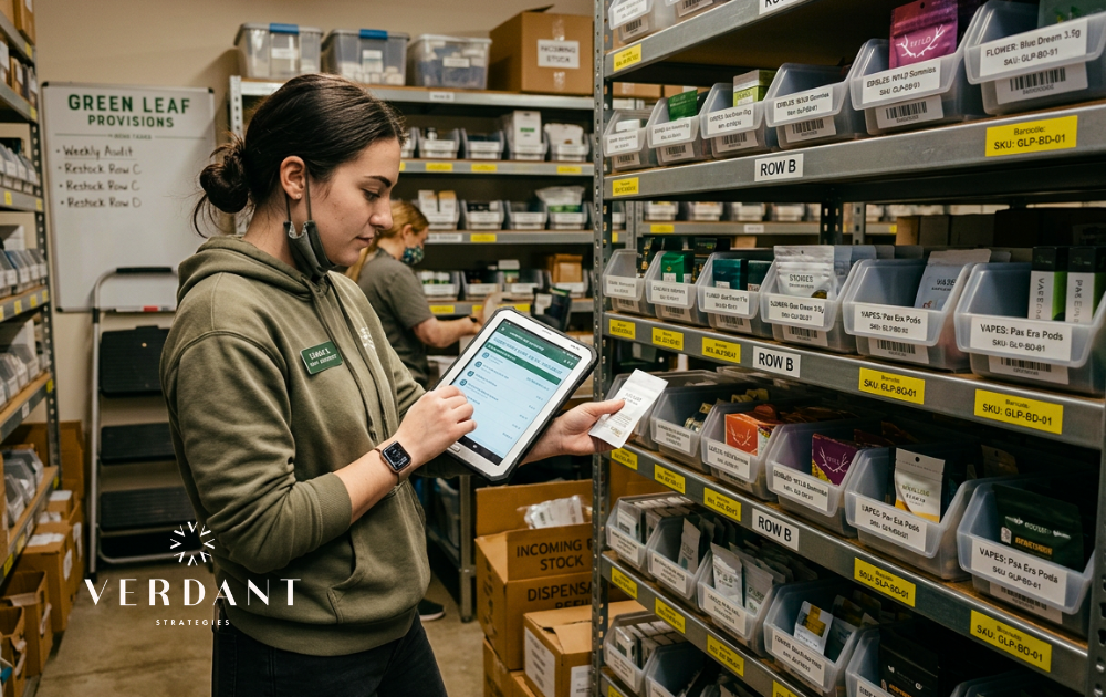 Cannabis dispensary employee using a tablet to manage inventory and compliance processes in a stockroom with labeled product bins and shelves.