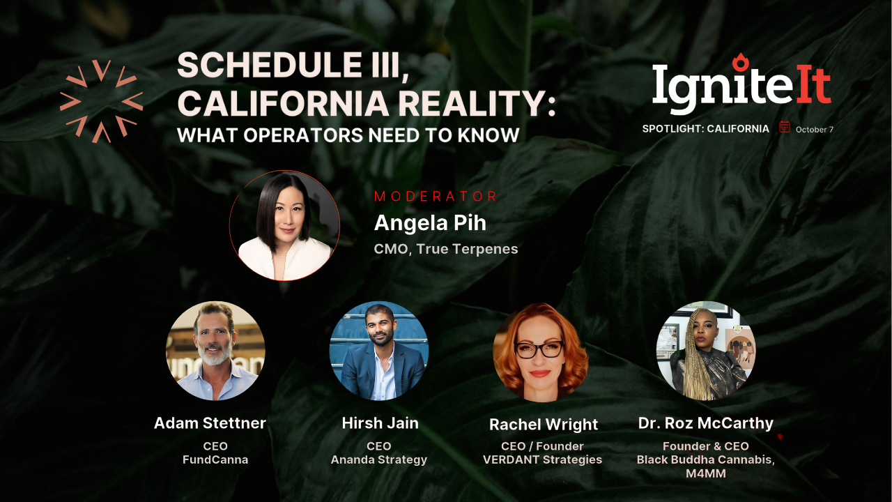 IgniteIt panel graphic featuring Rachel Wright and fellow speakers for “Schedule III, California Reality: What Operators Need to Know.”