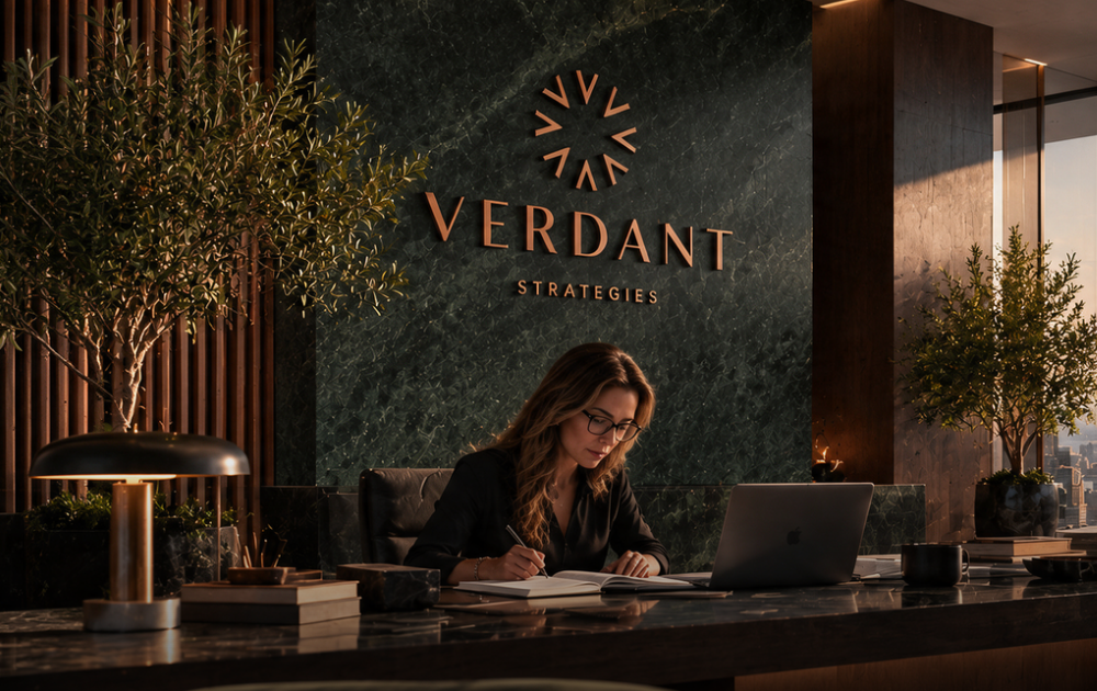 Business professional reviewing financial documents at a laptop in a modern office with Verdant Strategies branding, representing cannabis business structuring and financial planning.