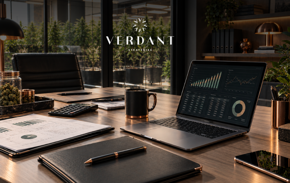 Cannabis business office with financial reports, a calculator, and a laptop displaying performance dashboards, overlooking an indoor cultivation facility.