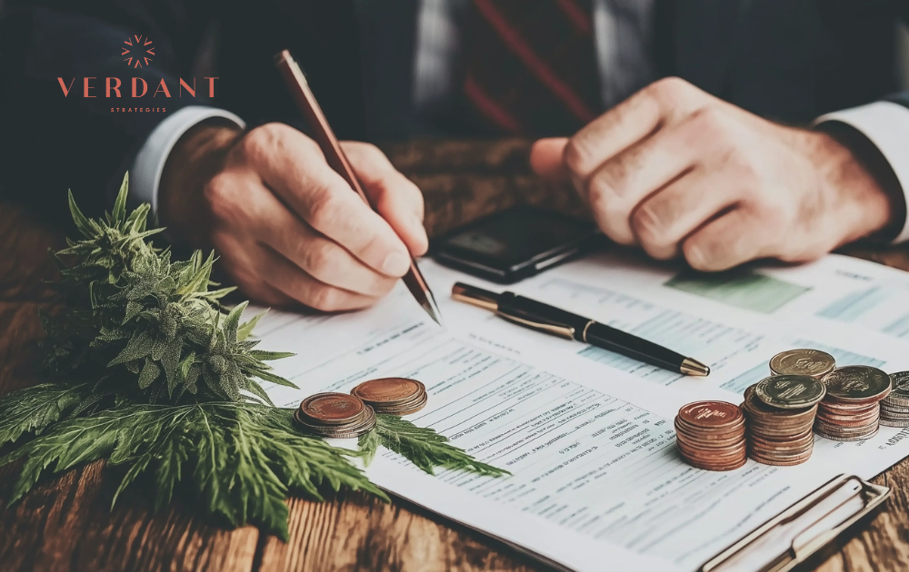 Cannabis business financial documents with coins and cannabis leaves, symbolizing compliance, taxation, and financial risk management in the cannabis industry.